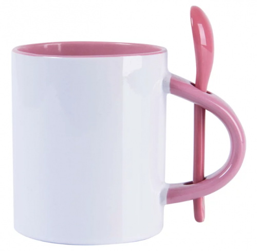 CANECA C/ COLHER ALÇA INTERIOR ROSA P/ SUBLIMAÇÃO 325ML
